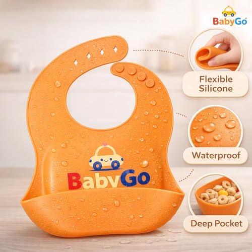 Image of BabyGo Silicone Baby Bibs for Feeding & Weaning | Adjustable Neckline with Buttons | BPA Free | Waterproof | Washable & Reusable | 0-24 Months | Mess Proof Feeding Bib| Pack Of 2 | Orange and Yellow