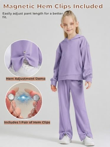 Image of Girls 2 Piece Hoodie Bell Bottom Sweatsuit Fall Outfit Set | Long Sleeve,front pocket,side-slit flare,machine washable,soft rayon-blend,skin-friendly,stretchy,durable