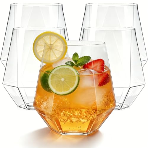 Diamond Plastic Wine Glasses,40 Pack Unbreakable Whiskey Cocktail Wine Champagne Glasses,12 Ounce Durable Disposable Cups Gold Rim for Parties, Weddings, Birthdays (40pack 12oz D6 Transparent)