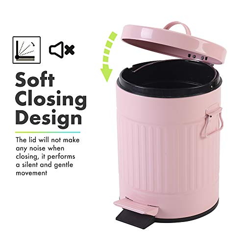 Bathroom Trash Can With Lid, Small Trash Can Wastebasket For Home Bedroom With Lid, Round Waste Bin Soft Close, Retro Vintage Garbage Metal Cans For Office, 5 Liter / 1.3 Gallon, Glossy Pink #TOP3