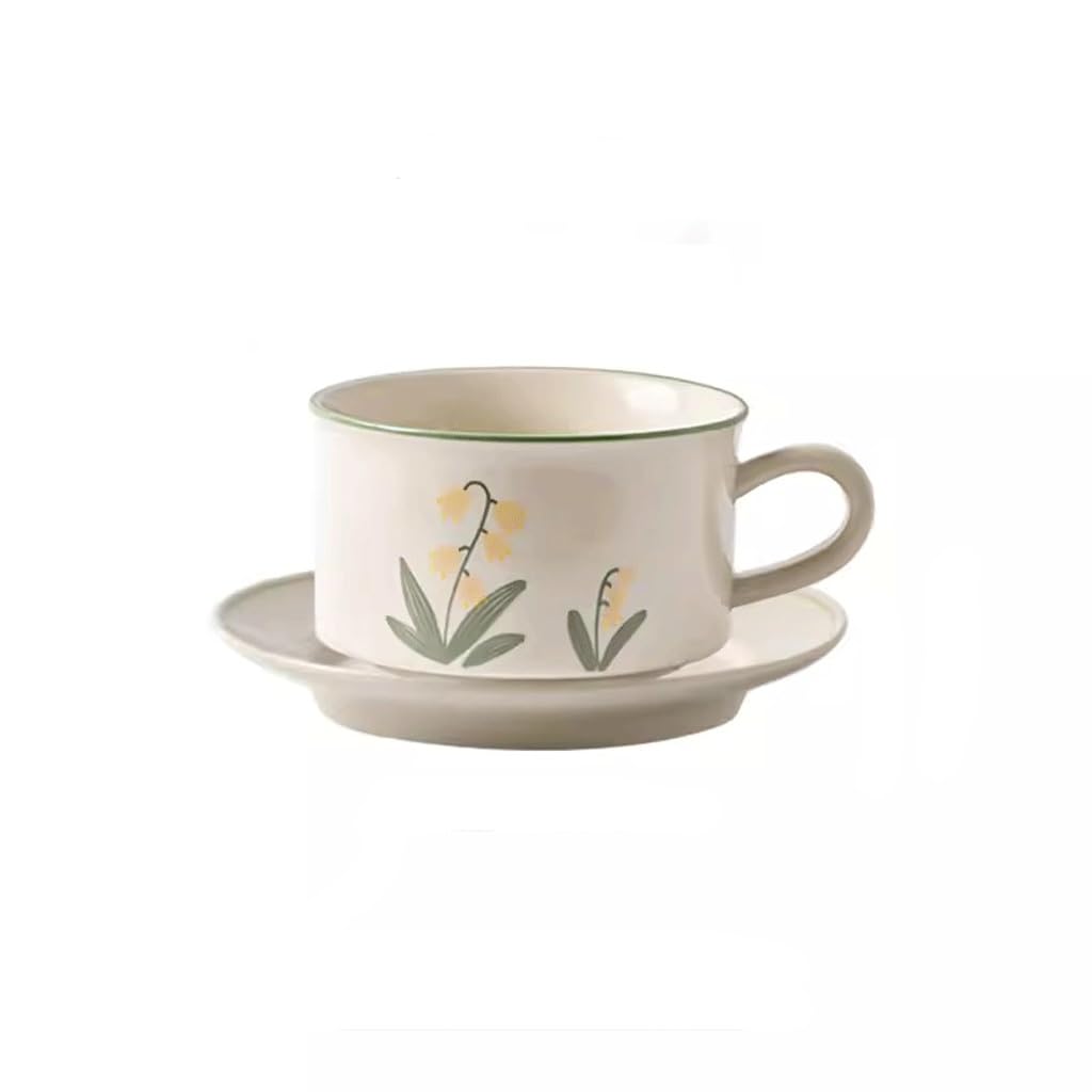 MAWERDCXG Breakfast Latte Coffee Cup Nordic Coffee Cup and Saucer Set Lily of the Valley Mug Ceramic Household Latte Art Afternoon Tea