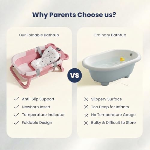 Image of TINSY Foldable Baby Bath Tub with Built-in Water Thermometer & Soft Head Support Pillow | Portable Newborn Bathtub | Anti-Slip Legs | Space-Saving Infant Bath Tub for Babies & Toddlers | Blush Pink