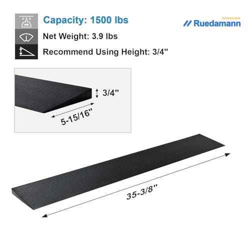 Ruedamann 3/4" Rise Threshold Ramp,1500 LBS Capacity, 35-3/8" Wide Natural Rubber Power Wheelchair Ramp, Cuttable for Doorways, Non-Slip Rubber Threshold Ramp for Doorways,Driveways, Bathroom