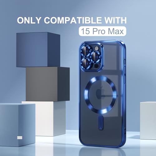 Image of Misea Magnetic for iPhone 15 Pro Max Case Compatible with MagSafe | [Never Yellowing] [Military Drop Protection] Full Camera Lens Protector Plating Soft Clear Phone Case for Women, Deep Blue