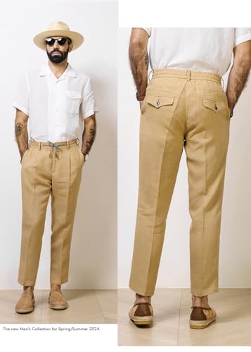 Men's Cotton Linen Pants Summer Drawstring Elastic Waist Vintage Lounge Trouser Lightweight Straight Legs2
