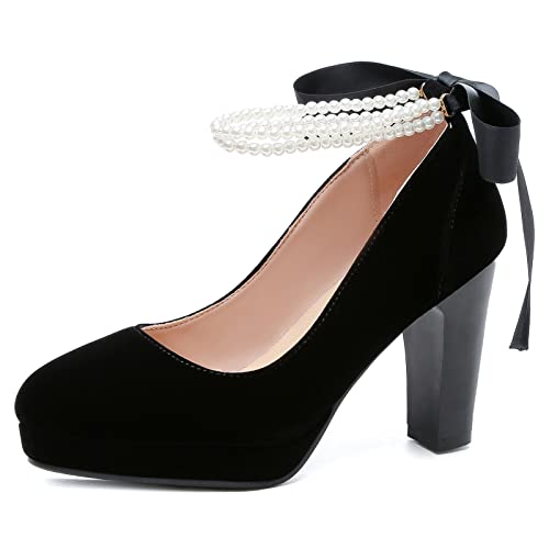Escarpins Talon Carré Plateforme Bout Fermé Bride Cheville Daim Noir