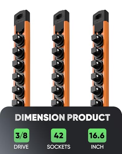 Image of ALOANES Magnetic Socket Organizer Set, 3-Piece Heavy Duty Aluminum Socket Rails, 360 Swivel Clips Socket Rail Kit for Tool Tray Drawer Fit 3 /8-Inch x 42 Clips (Orange, 3PC)