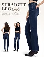 UCOOLYN Jeans Damen, High Waist Hohe Taille Straight Leg Gerades Bein Stretch Jeans mit Gummizug Pull On Hosen, 5 Taschen Gürtelschlaufen, Dunkelblau – Ansicht 3