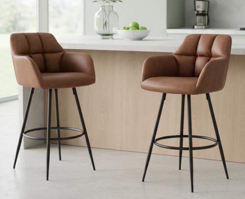 Shunzhi Brown Leather Bar Stools Set of 2 Modern Upholstered Bar Height Barstools Vintage High Island Chairs with Metal Frame/Back/Arms for Kitchen/Home Pub/Dining Room, 30 inches