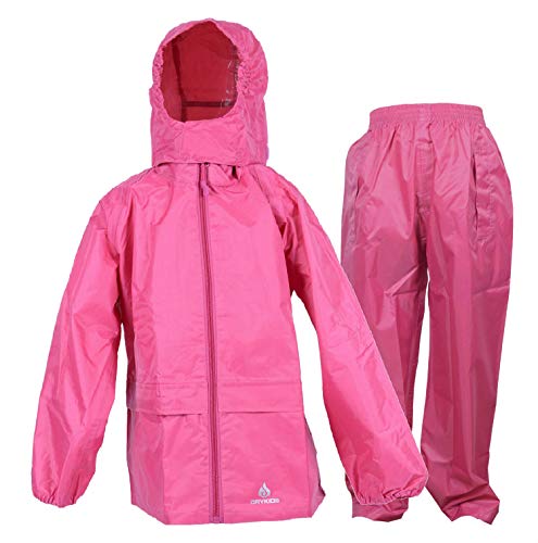 DRY KIDS Waterproof Suit - Comprising of Waterproof Packaway Jacket and Waterproof Over Trousers, Raspberry Pink, 7-8 Years