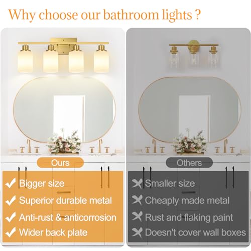 Image of Indoi 4-Light Bathroom Light Fixtures, Brushed Gold Modern Vanity Lights with Milky White Shades, Bathroom Wall Lamp for Mirror Living Room Cabinet Bedroom Porch