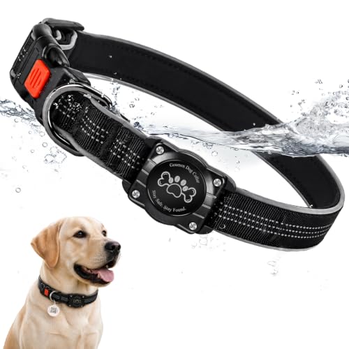 Image of Dog Collar with AirTag Holder Waterproof QR Code Reflective Collar(Black,L)