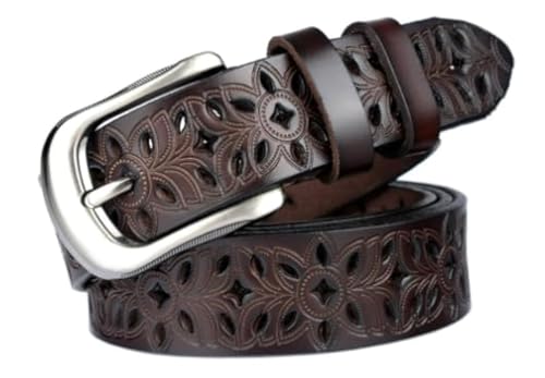 Ceinture vintage fleurs creuses et boucle sculptée marron en cuir PU