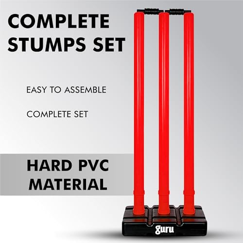 Image of Guru Cricket Wicket Set, Heavy Plastic Cricket Stumps Set - 3 Stumps + 2 Bails + 1 Base Stand