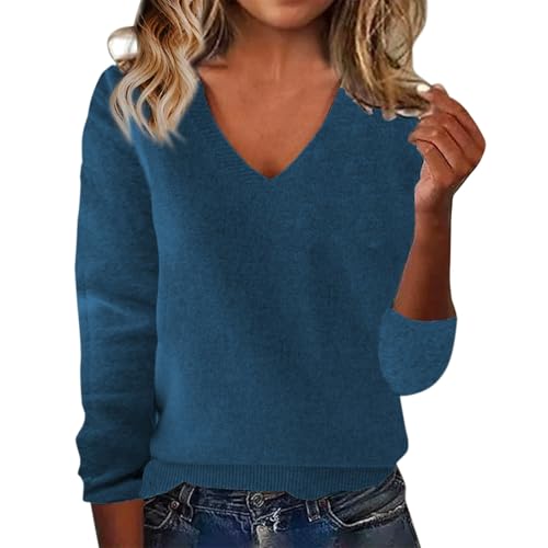 Genérico Jersey de mujer elegante, suéter de punto, cuello en V, suéter de punto casual elegante, suéter cálido, sudadera de manga larga holgada, suéter femenino elegante, liso, suéter de invierno