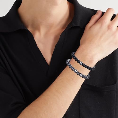 RANKEEF Tiger Eye Bracelet For Men 8MM Natural Stone Beads Bracelet Set Stretch Lava Rock Bracelets Adjustable Black Crystal Beaded Bracelet for Men Women Gifts