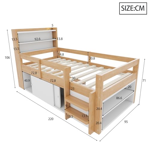 Cama individual con puertos USB y luces LED integradas en madera 3