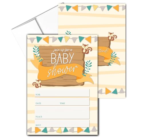 Stonehouse Collection Chipmunk Baby Shower Invitations – 25 Fill-in-the-Blank Cards, 5x7 Double-Sided, Cute Woodland Log Design, Gender Neutral (Chipmunks)