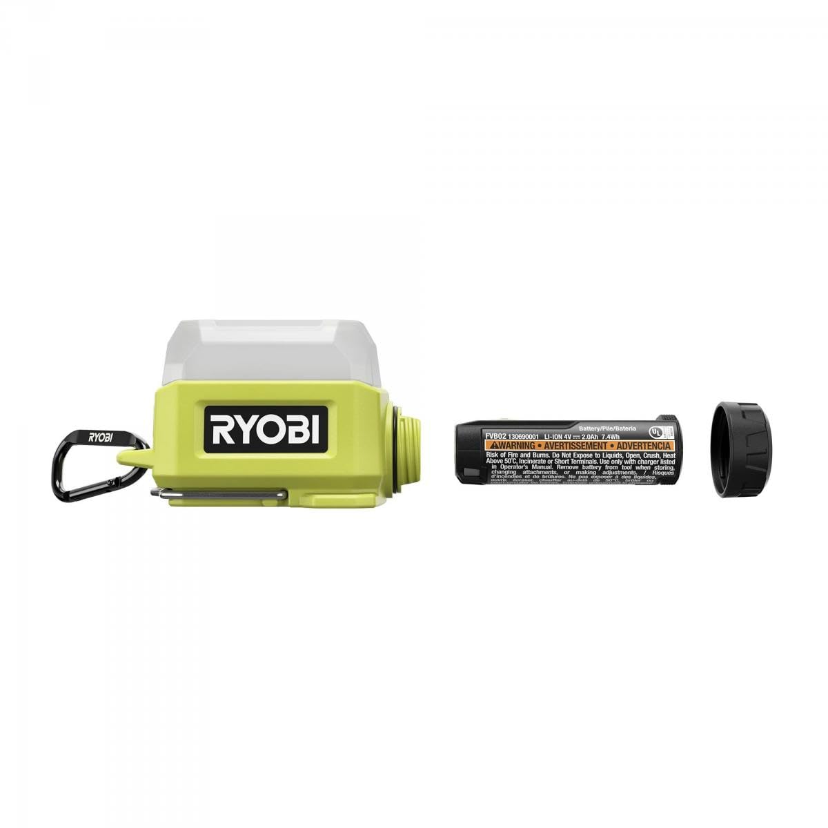 RYOBI USB Lithium Compact Cordless Area Light Kit showing the light, USB Lithium battery, and charging cable.