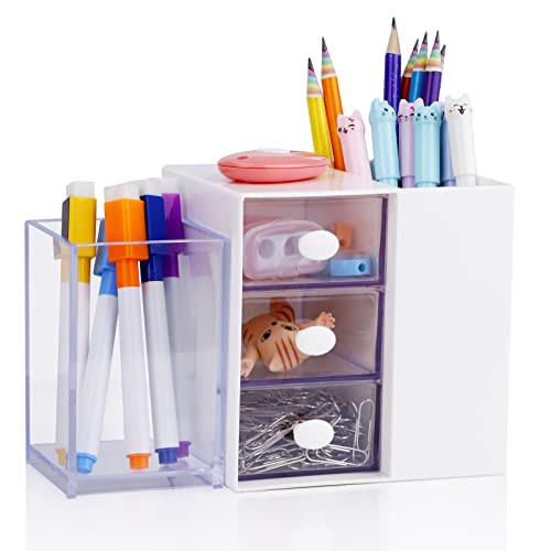 HAOTIAN-X Schreibtisch-Stifthalter, Schreibtisch-Aufbewahrungs-Organizer mit 3 Schubladen, durchsichtiger Acryl-Bleistiftbecher, Schreibwaren, Zubehör für Büro, Schule, Heimdekoration, Make-up Cover