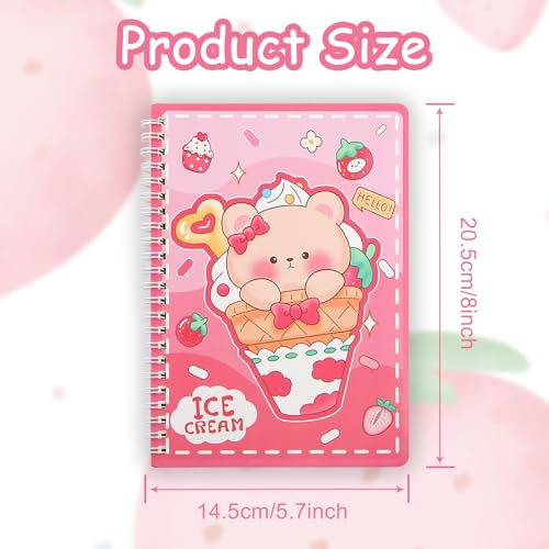 4 Pack Spiral Notebook, A5 Pink Bear Cartoon Cute Ice Cream Milk Tea Dessert Wirebound Pocket Journal Hardcover Note Books Lined Notepad Diary for Women Girl Kid Christmas Office Birthday Supplies