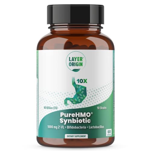 Layer Origin | PureHMO Synbiotic, Super Prebiotic + Probiotic, 1000 mg of Human Milk Oligosaccharides Powder, 10 Strains, 40 Billion CFU Probiotic