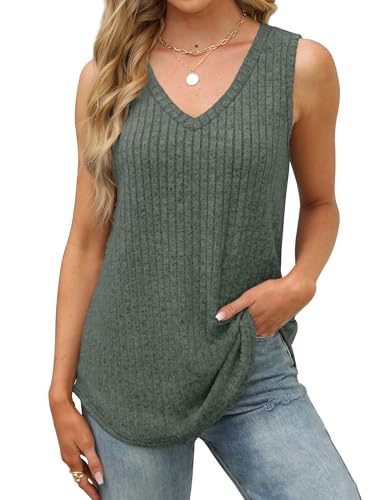 Image of Saloogoe Tank Tops for Women 2025 V Neck Summer Sweaters Vest Lightweight Curved Hem Spring Beach Fashion
