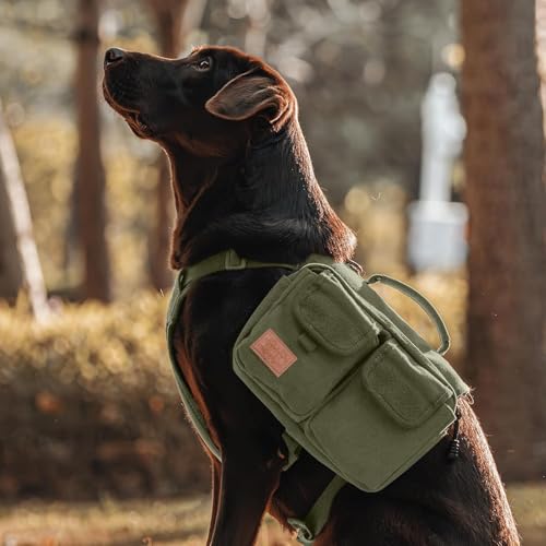 OneTigris Hundegeschirr mit Tasche, Hoppy Camper 3.0 Camping Wandern Hunderucksack für für Mittlere/Große Hunde, Rucksack für Hunderücken 2 Haupttaschen 4 Nebentaschen - Grün M