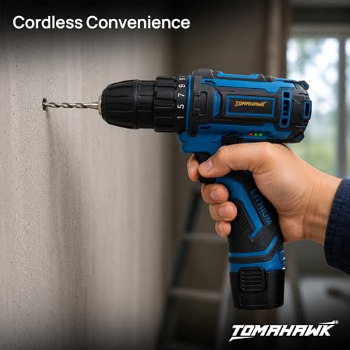 Image of TOMAHAWK TDS-9150 12V Cordless Drill /Screwdriver Kit | 10mm Keyless Chuck | 2-Speed (350 /1350 RPM) | 1.5Ah Single Battery | LED Light | 25+1 Torque | Drill & Screwdriver Bit Set for Home, DIY
