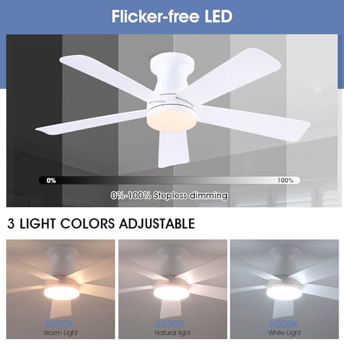 Image of 46 inch White Low Profile Ceiling Fans with Lights,Modern Flush Mount Ceiling Fans with Reversible DC Motor,Dimmable 3 Colors 6 Speeds