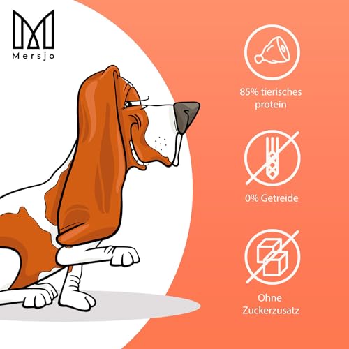 MERSJO Hundeleckerli - 85% Hoher Fleischanteil, Keine Zusatzstoffe, Getreide- und Zuckerfrei, Leckereien für Hunde zur täglichen Ergänzung, Natürliche Kauhilfe, Lachs-Kabanos, 500g