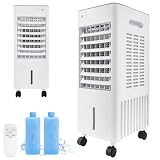 Leise Mobile Klimaanlage 12L Wassertank, Luftkühler mit Schlafmodus & 7H Timer, 4-in-1 Verdunstungskühler ohne Schlauch, inkl. 2 Kühlakkus für Schlafzimmer