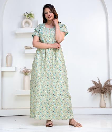 Image of Pure Cotton Designer Nighty for Women | Night Gown | Nightdress | Maxi Nighty | Sleepwear | Jaipuri Nighty | Nighties | Cotton Night Gown for Women /Girls with Belt Pink