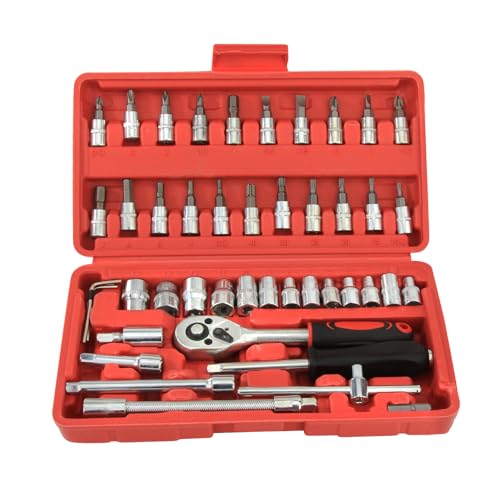 Twilight Garage 46 Pcs 1/4'' Drive Socket Ratchet Wrench Set, Includes Metric Bit Socket Set and Extension Bar for Automotive Repair and Home Maintenance, with Storage Case