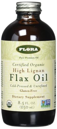 Flora Health Certified Organic High Lignan Flax Seed Oil, Cold Pressed, Unrefined & Gluten Free with Essential Fatty Acids, Unmodified Flaxseed Oil, 17 fl. oz. Glass Bottle
