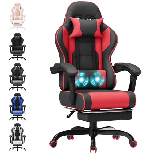 TRIUMPHKEY Silla Gaming Profesional con Masajeador, PU Silla de Juegos con Reposacabezas y Reposapiés,Silla de Oficina Ergonómica con Lumbar de Masaje, Reclinable 90-150°y Capacidad 150KG Rojo-Negro