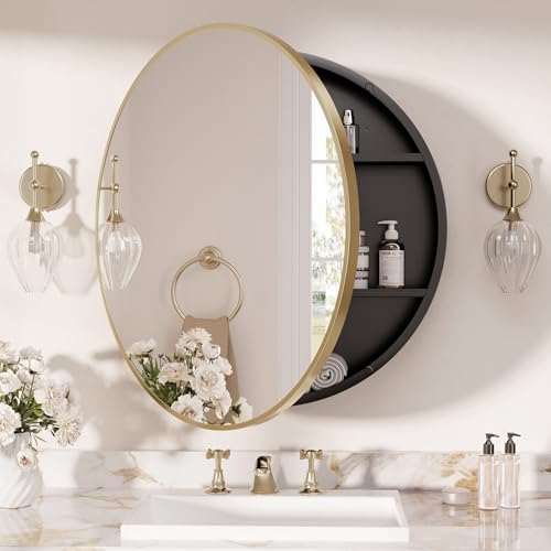 Image of TETOTE Gold Round Bathroom Medicine Cabinet with Mirror 24 x 24 Metal Framed Medicine Cabinet with Storage Adjustable Shelves Farmhouse Wall Mirror with Storage Surface Mounted