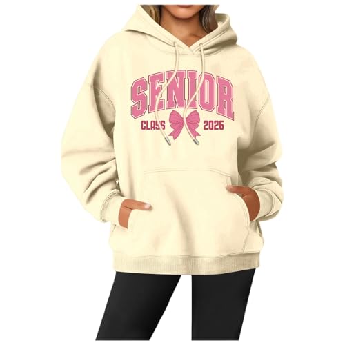 Generisch 2026 Damen Trend Hoodie mit Letter Print für Winter Langarm Sport Top Freizeitkleidung Kapuzen Sweatshirt (Beige, M)