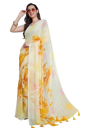 Image of RANI SAAHIBA Women's Printed Chiffon Saree Without Blouse Piece