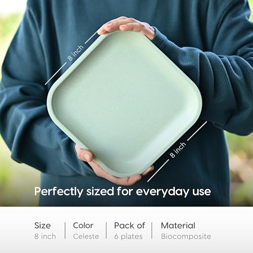 Eha Set of 6 Earth-Friendly Snack Plate | 8 inch |Snacks Serving Plates Made with Bamboo Fibers & Rice Husk Fiber | Microwave Safe Plates |Snacks Plates for Hot & Cold Servings | Celeste