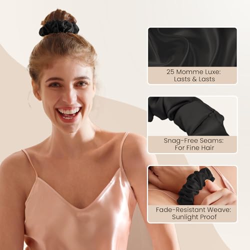 Image of THXSILK 100% Mulberry Silk Chunky Scrunchies 3-Pack, 25 Momme Mulberry Silk Hair Ties for Women, Thick Voluminous No Damage Hair Ties, Ponytail Holders for All Hair Types, Black