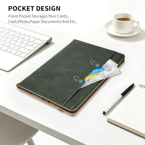 ONETHEFUL Etui na iPada Air 27.9 cm M4/M3/M2 (2026/2025/2024), skórzane etui ochronne ze skóry PU z przednią kieszenią, pasek na rękę, regulowany stojak pod dwoma kątami (czarne)