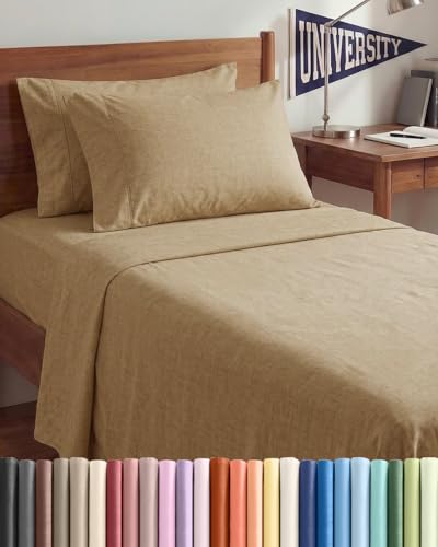 Image of Twin XL 4 Piece Sheet Set - College Dorm Room Essentials - Heathered Tan