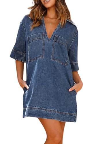 chouyatou Women's Summer Loose Fit V-Neck Sexy Mini Denim Dress Cute Jean Tunic Dress with Pockets