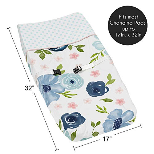 Image of Sweet Jojo Designs Navy Blue and Pink Watercolor Floral Girl Baby Nursery Changing Pad Cover - Blush, Green and White Shabby Chic Rose Flower Polka Dot