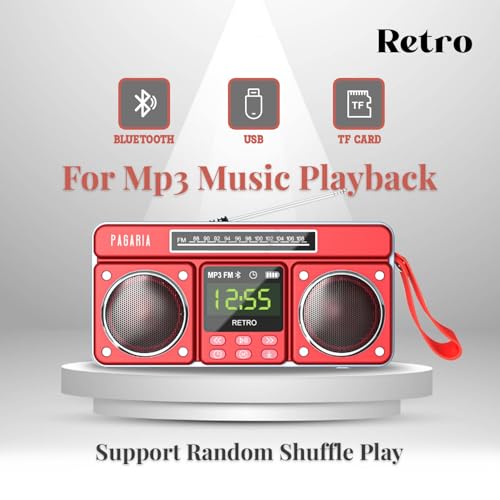 Image of PAGARIA New Retro Portable FM Radio with 10 Watts Sound, Bluetooth Recording, Alarm Clock, USB /TF Card, Detachable External Antenna, Earphone & Aux Port (Red)
