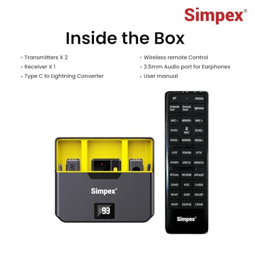 Image of Simpex (Mic-072 Wireless Microphone System with Remote & Noise Cancellation, 12 Sound Effects, 3 Voice Modes, 50m Range, Use with iPhone /Android & DSLR Camera for Vlogs, Interview & Podcasts