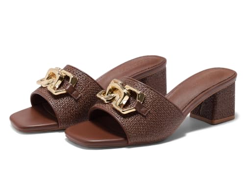 Image of Coutgo Womens Raffia Slide Sandals Chunky Block Heeled Square Open Toe Metal Chain Slip on Mules Dressy Shoes