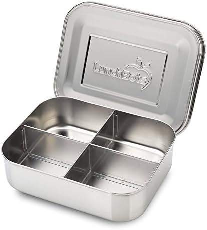 LunchBots Medium Quad Snack Container - Divided Stainless Steel Food Container - Four Sections for Finger Foods On the Go - Eco-Friendly, Dishwasher Safe - Stainless Lid - Stainless Steel