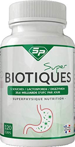 Super Biotiques : complexe enzymatique/pré/pro-biotiques 5 souches avec LactoSpore® et Digezyme® (+ de 2 mois d'utilisation, façonné en France). Convient aux végétariens.